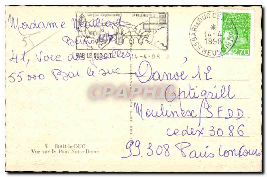 Bar-le-Duc — Vue sur le Pont Notre-Dame — Éditeur C.A.P. n°7 — Verso