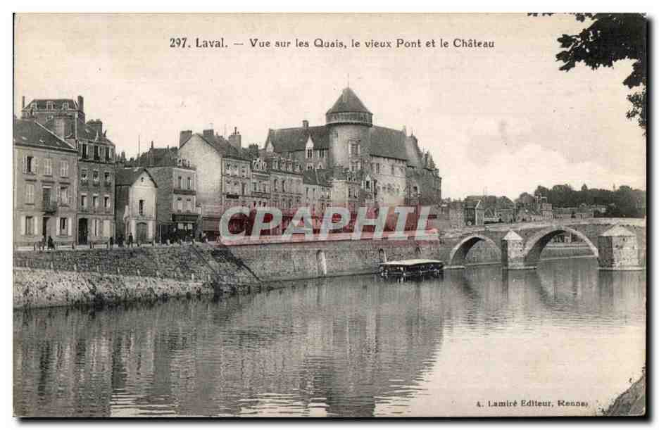 Laval — Blick auf die Ufer, die alte Brücke und das Schloss — A. Lamiré Verlag, Rennes, Nr. 297