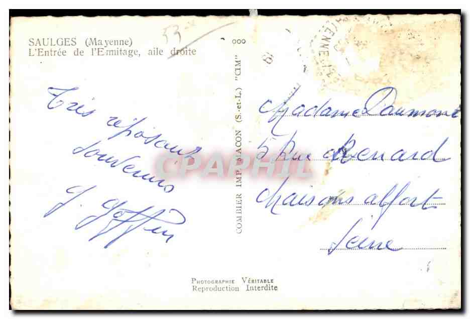 CPA Saulges mayenne l Entree de l ermitage aile droite — Rückseite