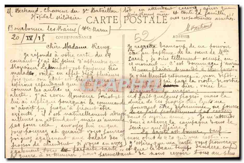 CPA Bourbonne Les Bains Buvette Thermale Chaise a porteurs  — Verso