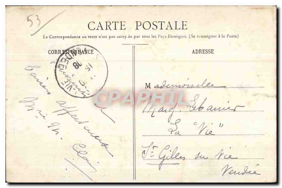 Château-Gaontier (Mayenne) — L'Église St-Jean et le Jardin Anglais, vus de l'Hôpital — Edition J. Malicot, phot. Sablé-sur-Sarthe — Verso