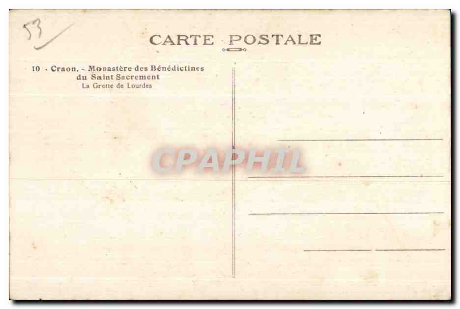 CPA Craon Monastre des Benedictines du Saint Sacrement La Grotte de Lourdes — Rückseite