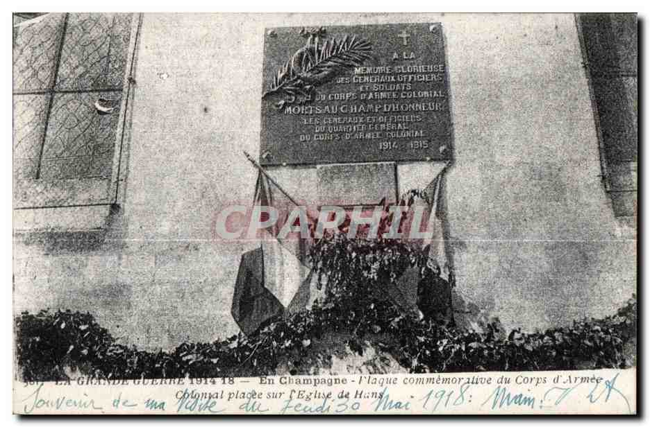 CPA La Grande Guerre En Champagne Plaque Commemoralite du Corps Cotemal Placee sur l Eglise de Hans Militaria 