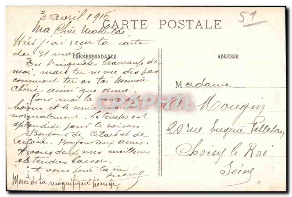 Mesnil-les-Hurlus (Marne) — Le Village et l'Église en ruines après les bombardements — R.P. Paris — Verso