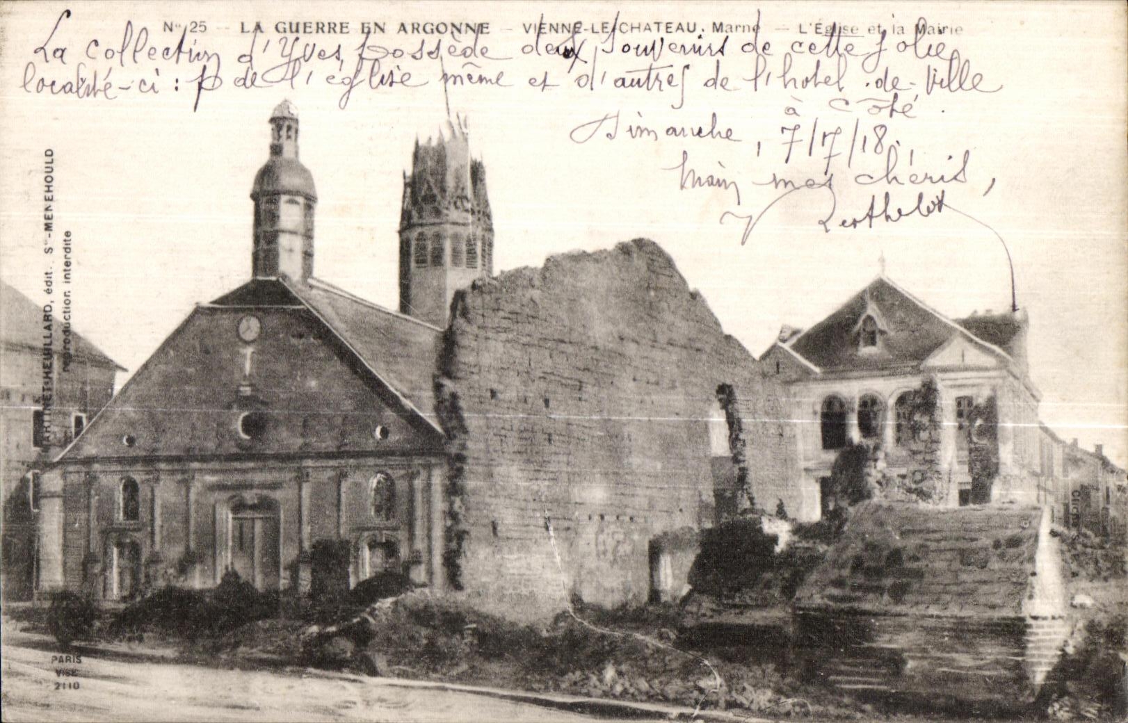 Vienne-le-Château, Marne — L'Église et la Mairie — Ruines après la guerre en Argonne