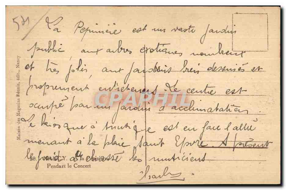 La Pépinière — Jardin public à Nancy — Maison des Magasins Réunis, édit. — Verso
