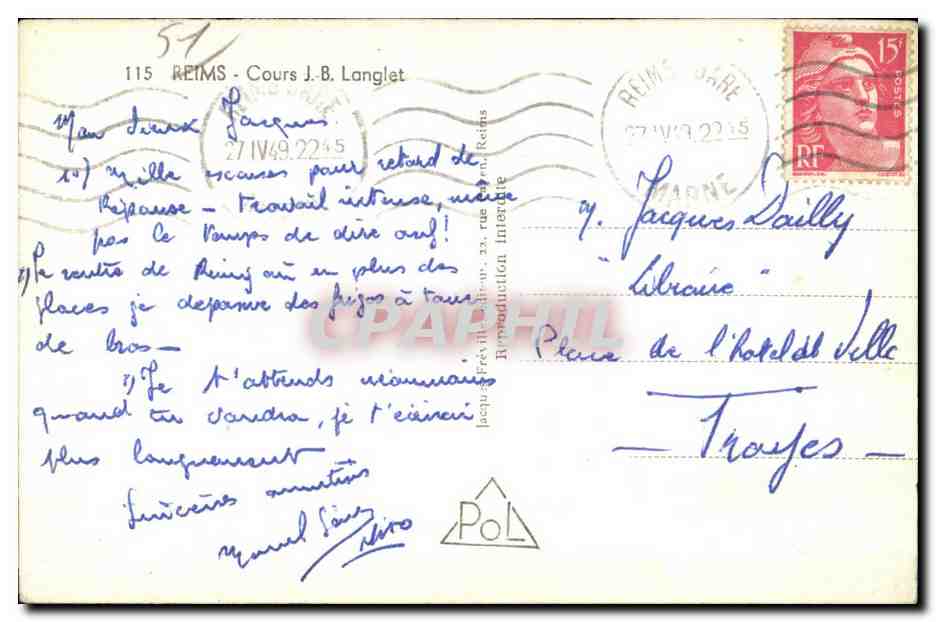 CPA Reims Cours J b Langlet — Verso