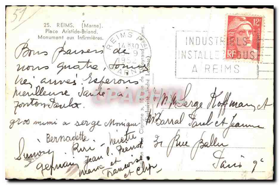 CPA Reims (Marne) Place Aristide Briand Monument aux Infirmieres — Back