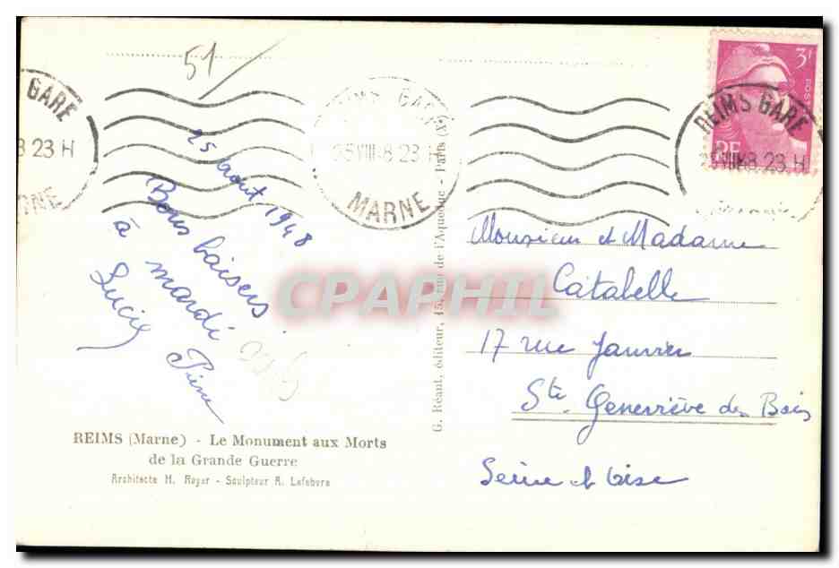 Reims Marne Le Monument aux Morts de la Grande Guerre  — Verso