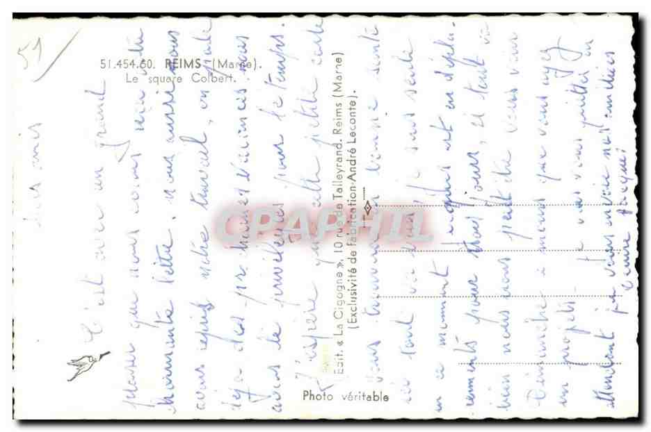 Square Colbert — Reims (Marne) — La Cigogne — Verso