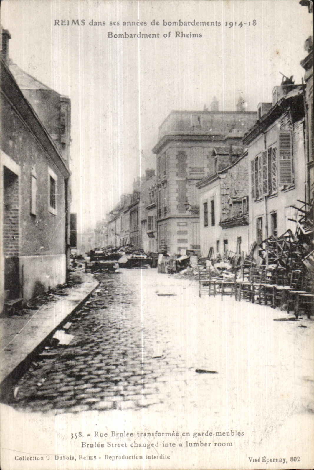 Reims in den Jahren der Bombardements 1914-18 — Rue Brulée verwandelt in ein Möbelgeschäft — Visé Épernay, 802