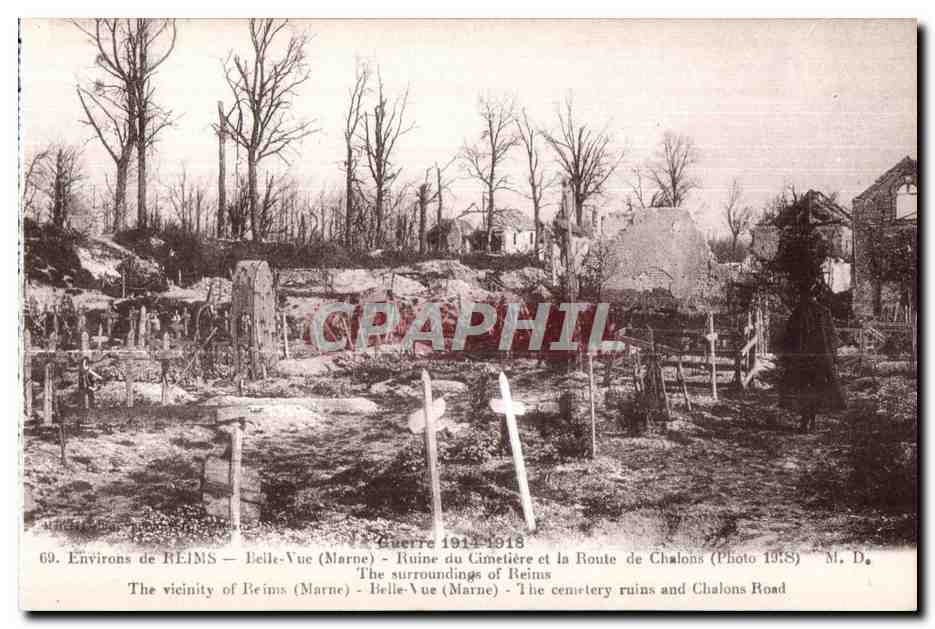 CPA Reims Environs de Belle Vue Ruine du Cimetiere et la Chalons Militaria 