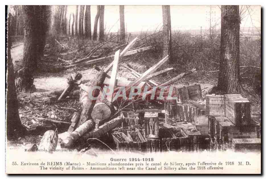 Environ de REIMS (Marne) — Munitions abandonnées près le canal de Sillery après l'offensive de 1918 — Marcel Reiböy, phototypies Béry