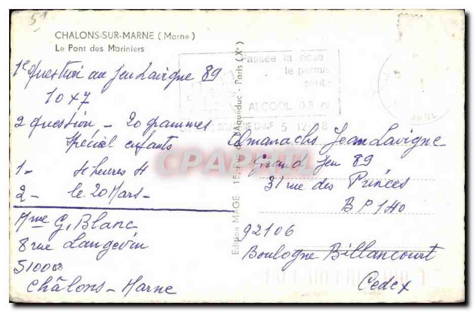 CPA Chalons Sur Marne (Marne) Le Pont des Mariniers — Verso
