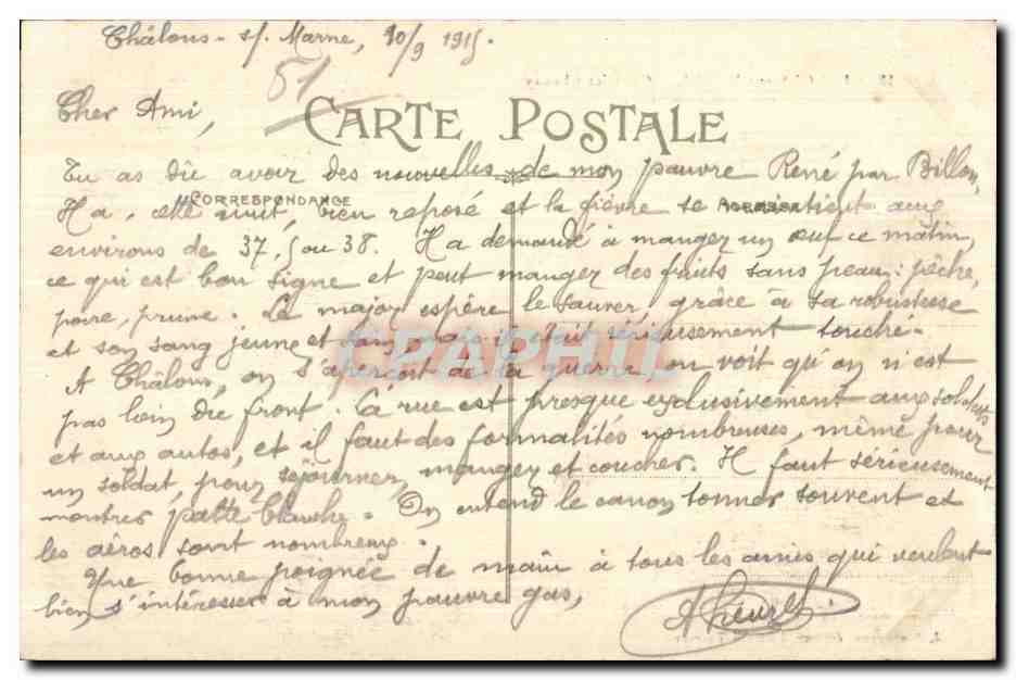 CPA Chalons sur Marne Quartier Chanzy d Infanterie — Verso
