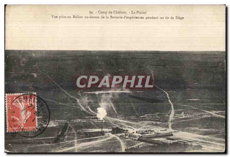 Camp de Châlons - La Plaine — Vue prise en ballon au-dessus de la batterie d'expériences pendant un tir de siège — éditeur : Ferreira Milliano, Nîmes