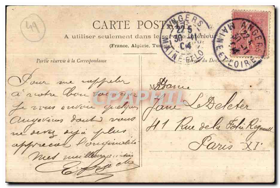 Les Armes et la Coiffe d'Angers — La Petite Marchande de Violette — Collection G. J. D. de Niautes — Rückseite