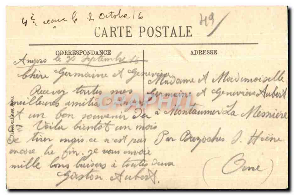 Une pensée du 6e Génie à Angers — éditeur non visible, n° de série non lisible — Back