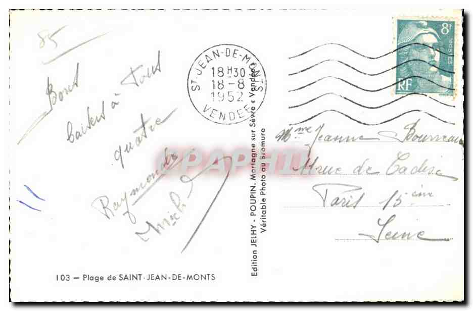 Plage de Saint-Jean-de-Monts — Édition JELHY — n°103 — Verso