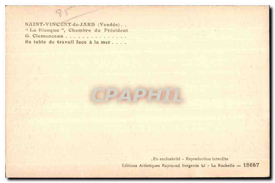 CPA Saint Vincent der Jard La Bicoque Chambre du President G Clemeneceau Sa table de travil face a la mer — Rückseite