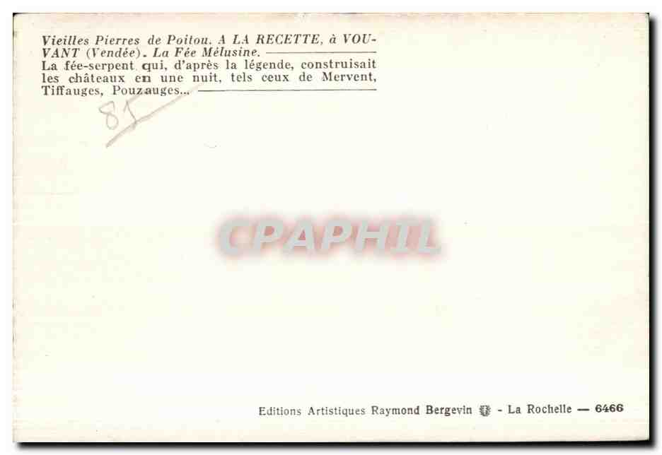 CPA Vieilles pierres de poitou a la recette a vouvant (vendee) la fee melusine la fee serpent qui d apres la legende — Rückseite