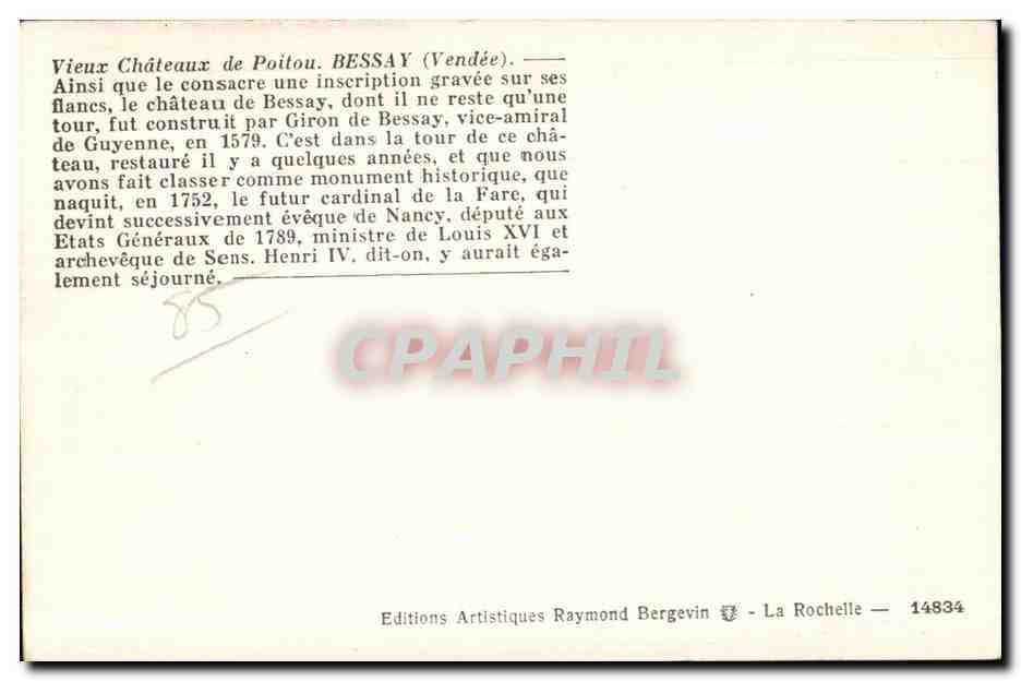CPA Vieux chateau de poitou bessay (Vendee) ainsi que le consacre une inscription gravee sur ses flancs — Back