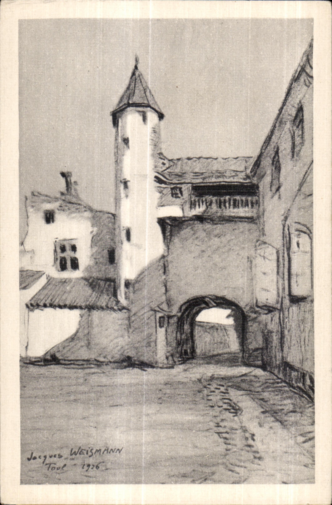 Porte de ville avec tour — dessin de Jacques Weismann — Toul 1926