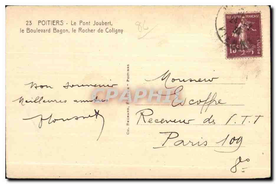 CPA Piotiers Le Pont Joubert le Boulevard bagon le Rocher de Coligny — Verso