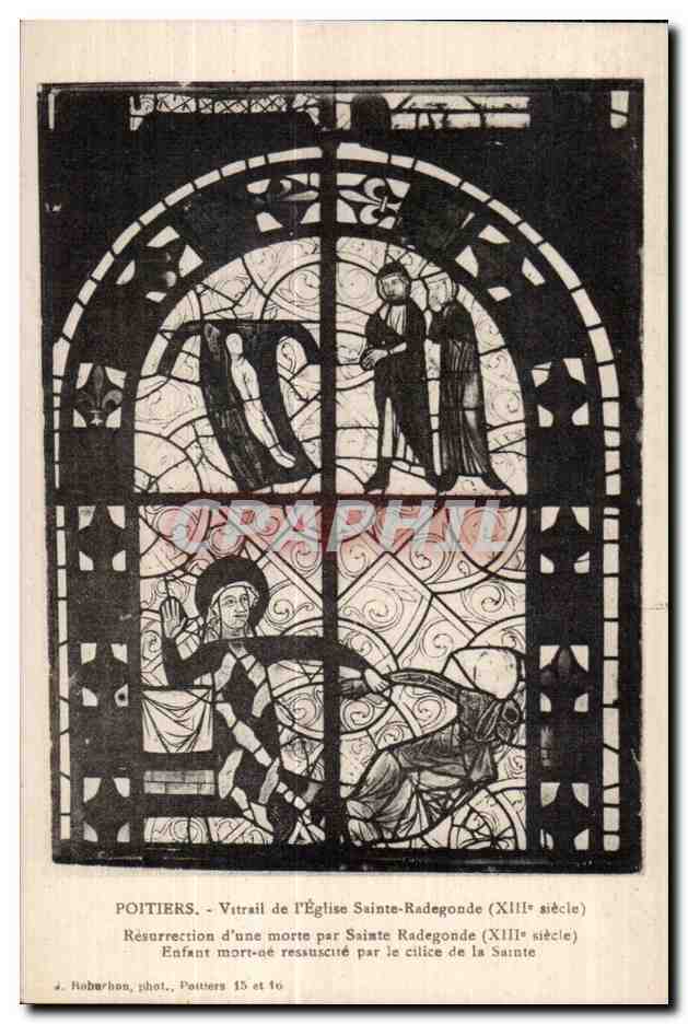 Poitiers - Vidriera de la Iglesia de Santa Radegonda (siglo XIII) - Resurrección de una muerta por Santa Radegonda