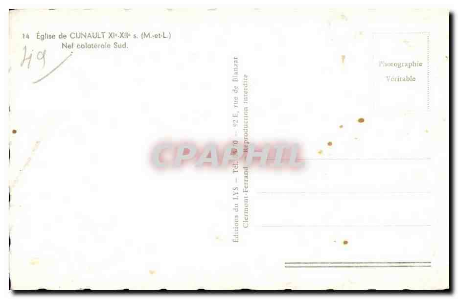 Église de CUNAULT — Nef collatérale Sud — Éditions du LYS — Verso