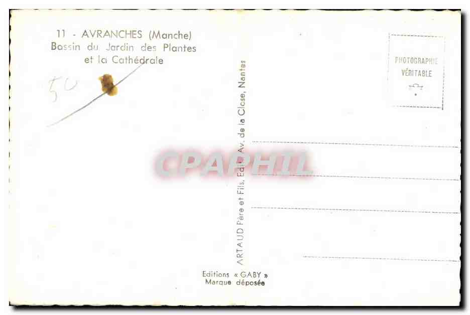 Avranches (Manche) — Ansicht des Bassins des Jardin des Plantes und der Kathedrale — Editions Gaby — Rückseite