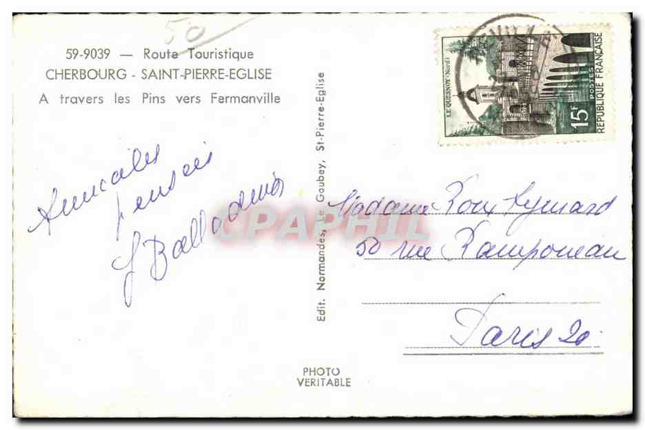 CPSM Cherbourg Route Touristique Cherbourg Saint Pierre Eglise A travers les Pins vers Fermanville — Rückseite