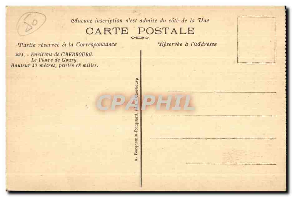 CPA Cherbourg Enrirons de Le Phare de Goury Hauleur metres Portee Milles Lighthouse  — Verso
