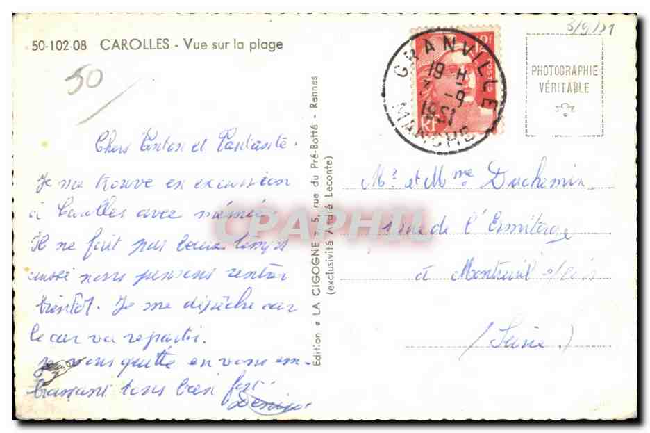 Carolles — Vue sur la plage — Édition La Cigogne — Verso