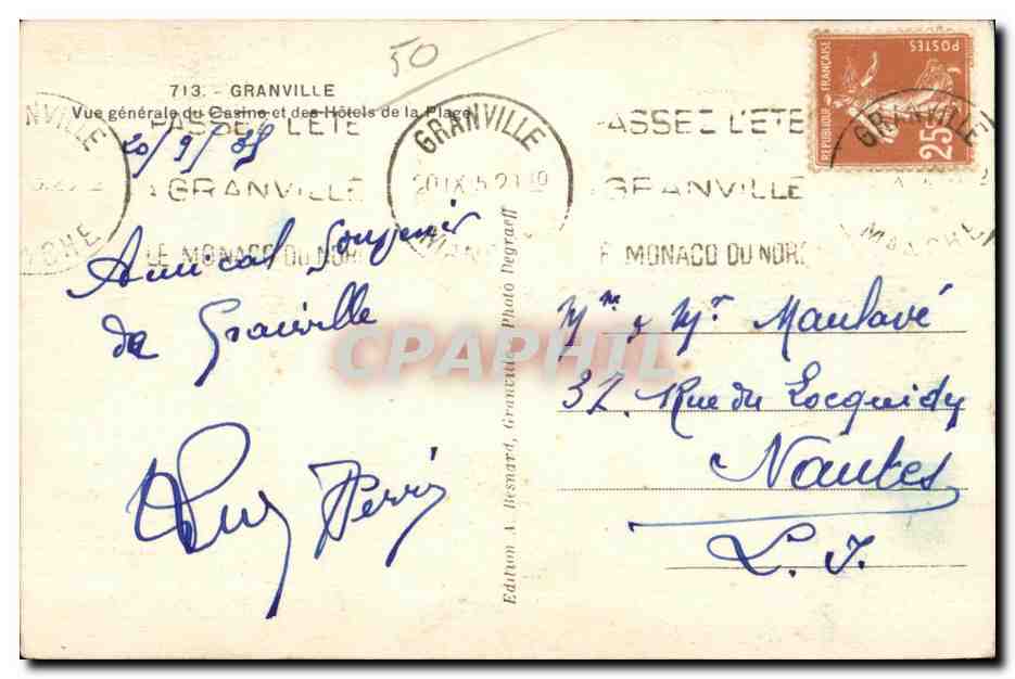 Granville — Vue générale du Casino et des Hôtels de la Plage — Édition A. Jésnard, Granville — Verso