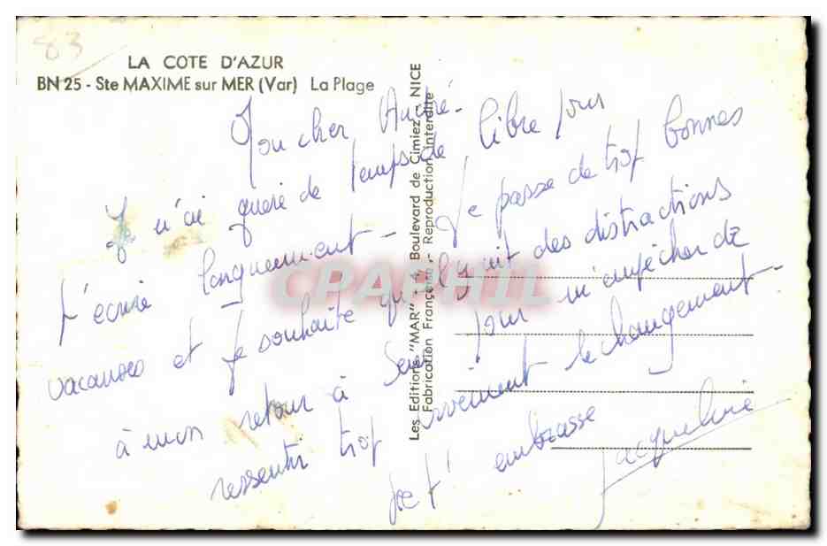 CPA La Cote D Azur Ste Maxine sur Mer (Var) La Plage — Rückseite