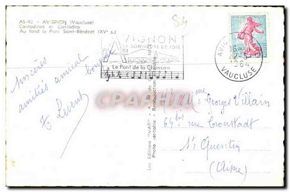 CPA Avignon Vaucluse Contodines et Coniodins — Verso