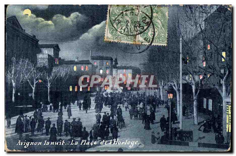 CPA Avignon La nuit la Place l Horloge