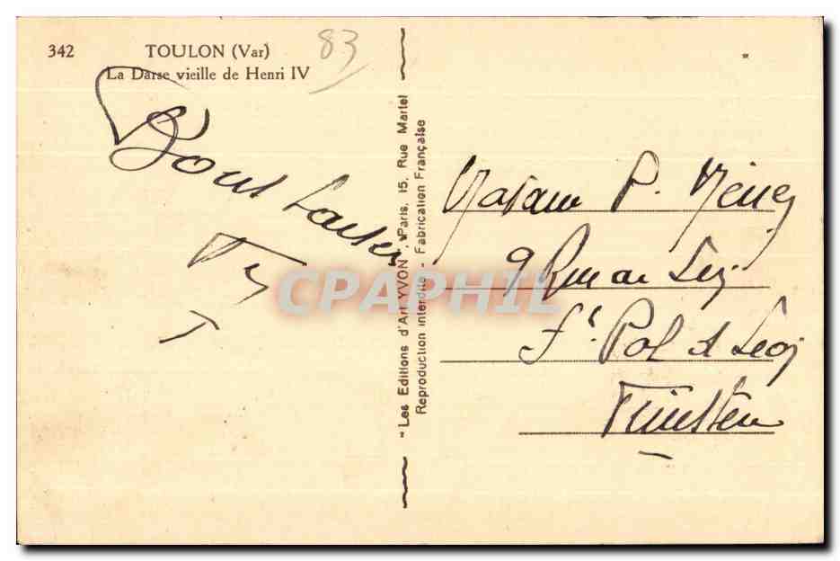 La Darse vieille de Henri IV — Toulon — Éditions d'Art Yvonn — Rückseite