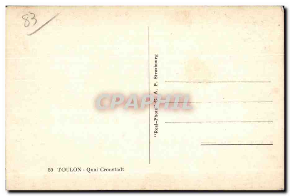 Toulon - Quai Cronstadt — vue du port avec montagnes en arrière-plan — éditeur C. A. P. Strasbourg, n° 50 — Verso