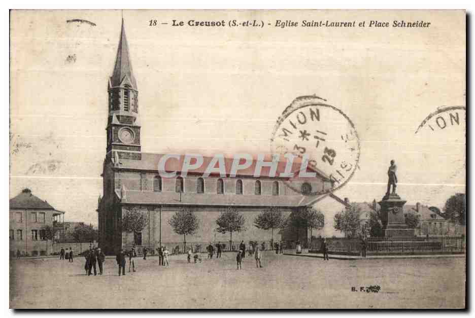Antike Ansichtskarte Le Creusot Kirche Saint Laurent und Platz Schneider