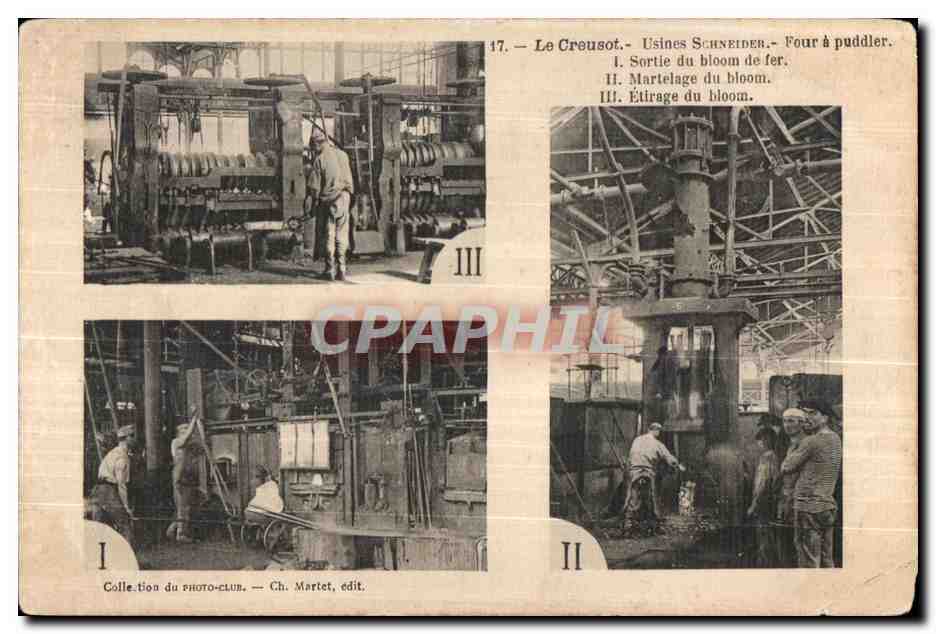 Le Creusot — Fábricas Schneider — Horno a puddler, Salida del bloom de hierro, Martilleo del bloom, Estiramiento del bloom — Ch. Martet, editor