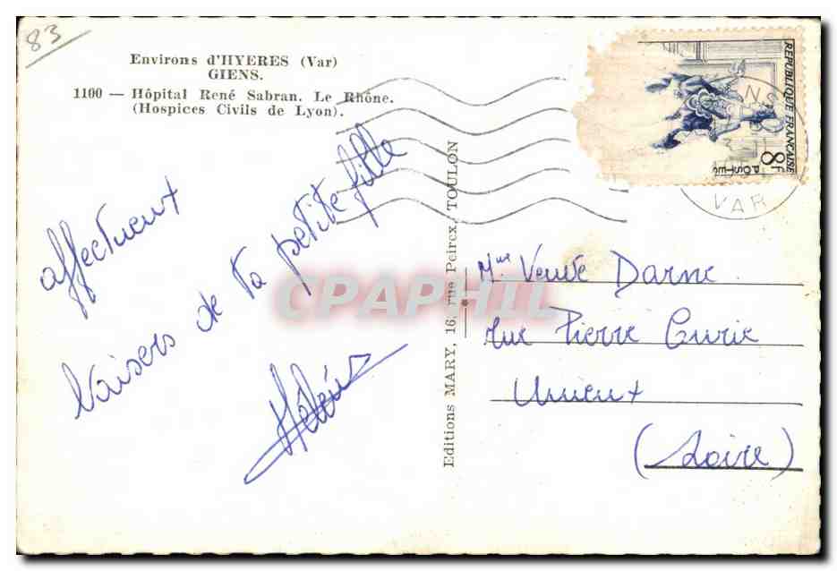 CPA Environs d Hyeres Giens Hopital Rene Sabran Le Rhone  — Rückseite