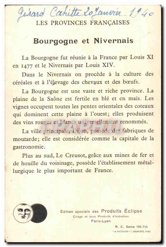 Fiche format carte postale Bourgogne et Nivernais Dijon  — Verso