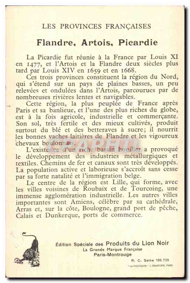Fiche format carte postale Flandre Artois Picardie — Verso