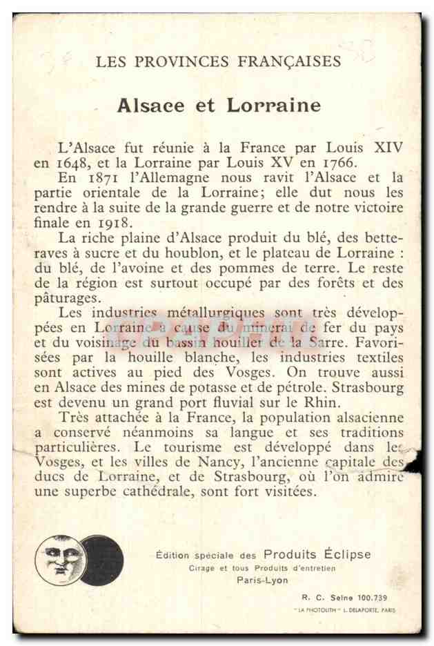 Fiche format carte postales Alsace lorraine  — Verso