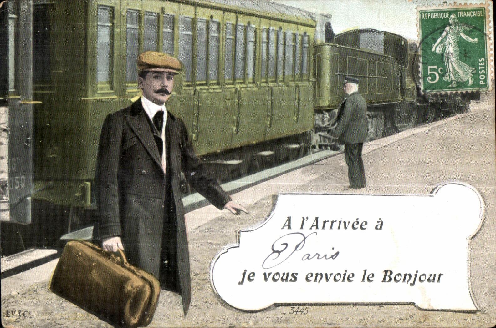 CPA Train a l arrivee de Paris je vous envoie le bonjour Train Gare
