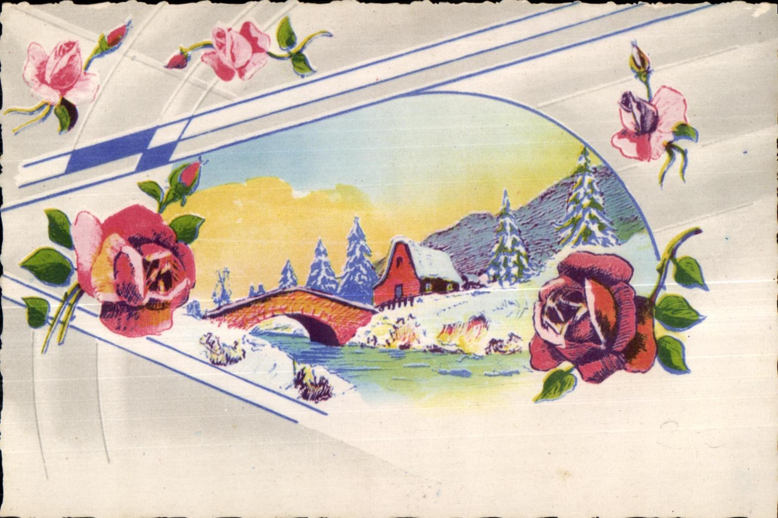 CPA fantaisie Fleurs et neige 