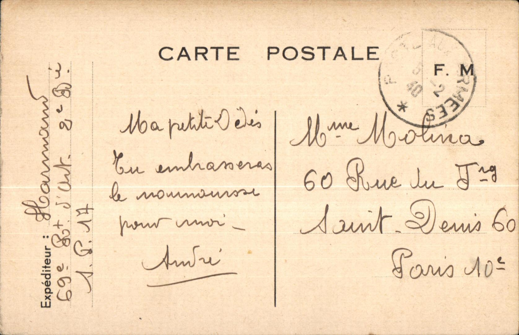 Carte en franchise Militaire Molina Saint Denis 