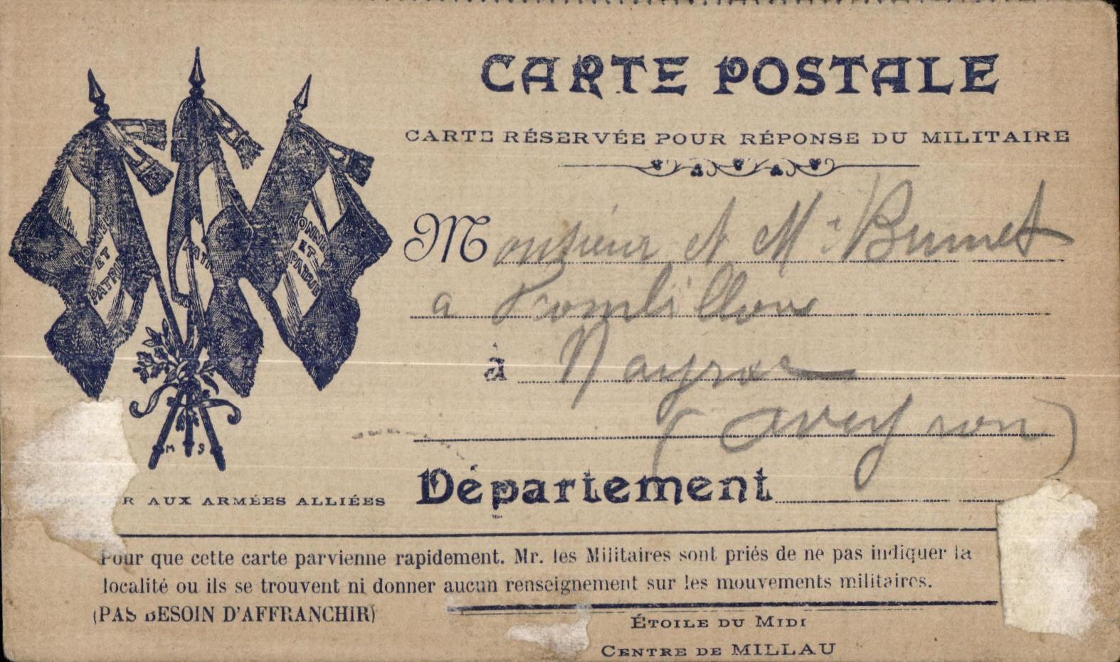 Carte en franchise Militaire Brunet Mayrac 
